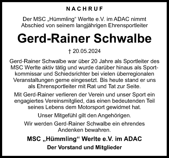 Traueranzeige von Gerd-Rainer Schwalbe von Neue Osnabrücker Zeitung GmbH & Co. KG