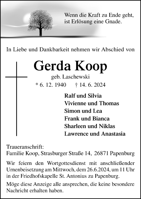 Traueranzeige von Gerda Koop von Neue Osnabrücker Zeitung GmbH & Co. KG