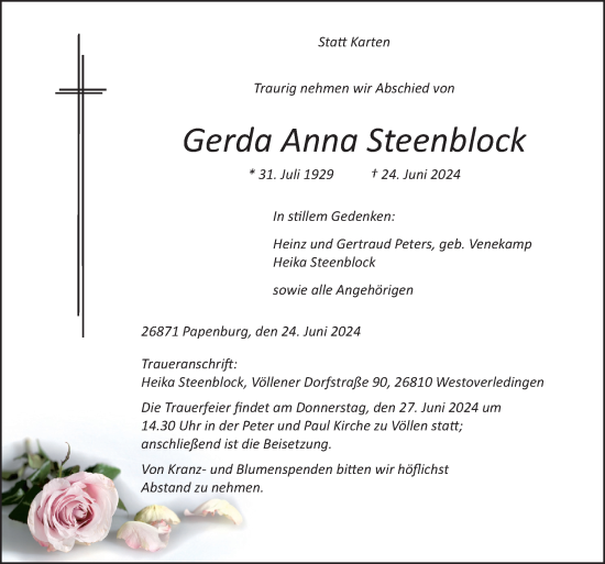 Traueranzeige von Gerda Anna Steenblock von Neue Osnabrücker Zeitung GmbH & Co. KG