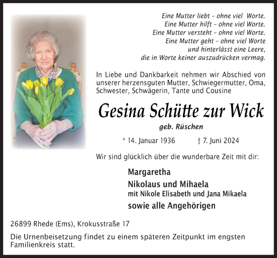 Traueranzeige von Gesina Schütte zur Wick von Neue Osnabrücker Zeitung GmbH & Co. KG