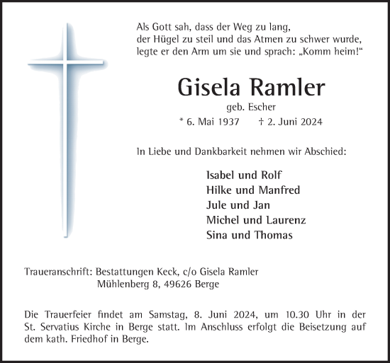 Traueranzeige von Gisela Ramler von Neue Osnabrücker Zeitung GmbH & Co. KG