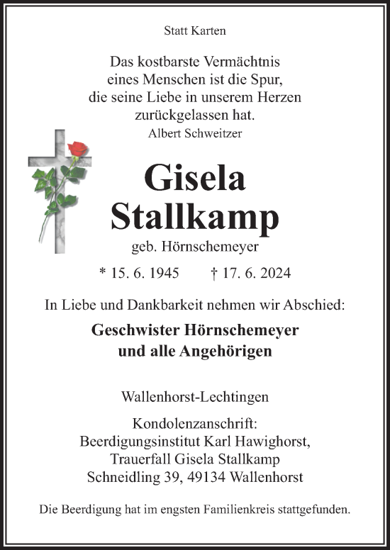 Traueranzeige von Gisela Stallkamp von Neue Osnabrücker Zeitung GmbH & Co. KG