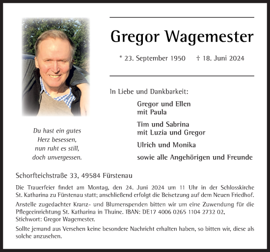 Traueranzeige von Gregor Wagemester von Neue Osnabrücker Zeitung GmbH & Co. KG