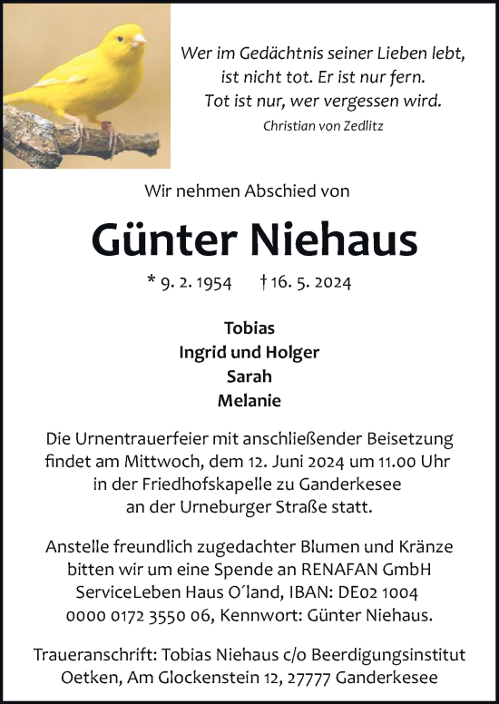 Traueranzeige von Günter Niehaus von DK Medien GmbH & Co. KG