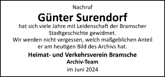 Traueranzeige von Günter Surendorf von Neue Osnabrücker Zeitung GmbH & Co. KG