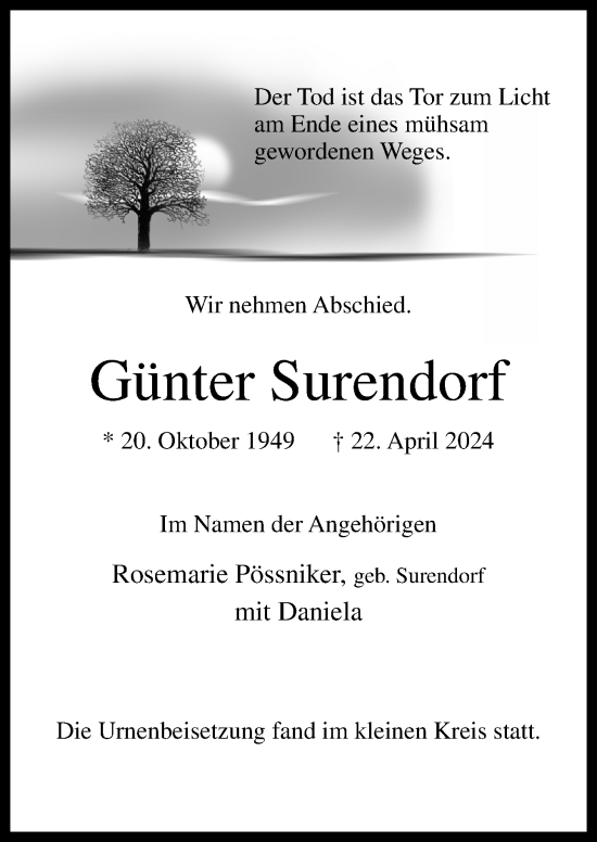 Traueranzeige von Günter Surendorf von Neue Osnabrücker Zeitung GmbH & Co. KG