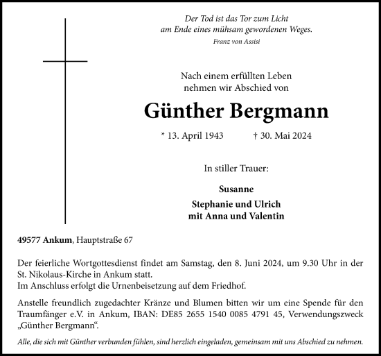 Traueranzeige von Günther Bergmann von Neue Osnabrücker Zeitung GmbH & Co. KG