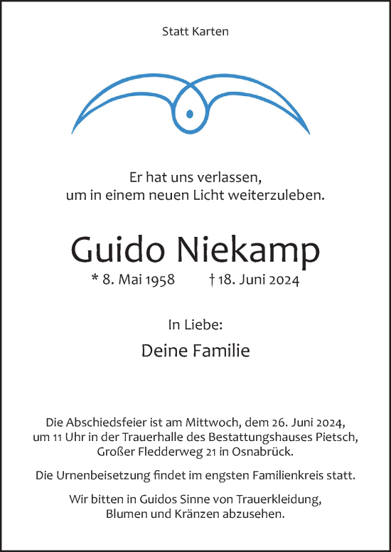 Traueranzeige von Guido Niekamp von Neue Osnabrücker Zeitung GmbH & Co. KG