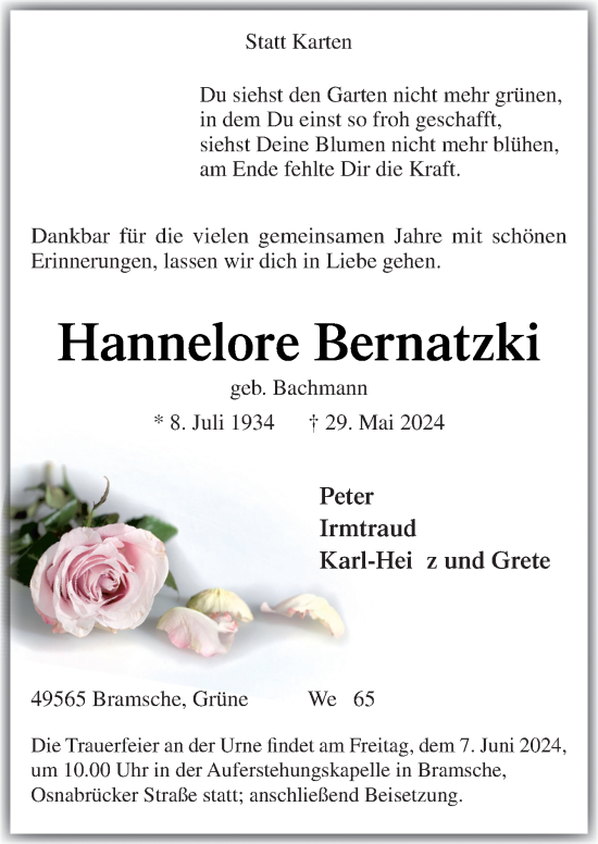 Traueranzeige von Hannelore Bernatzki von Neue Osnabrücker Zeitung GmbH & Co. KG