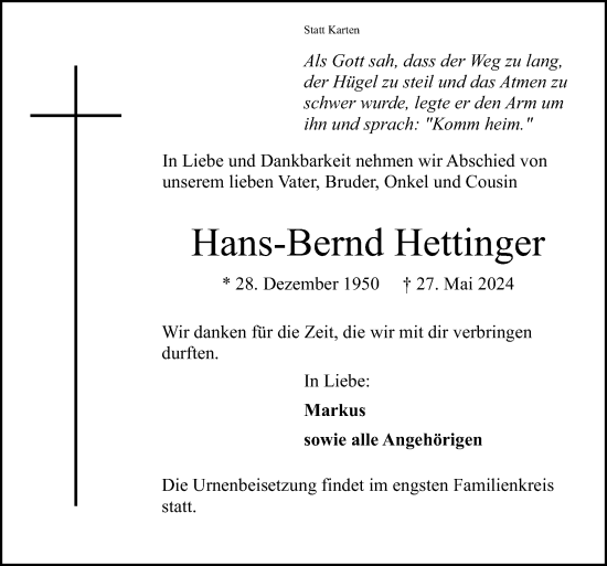 Traueranzeige von Hans-Bernd Hettinger von Neue Osnabrücker Zeitung GmbH & Co. KG