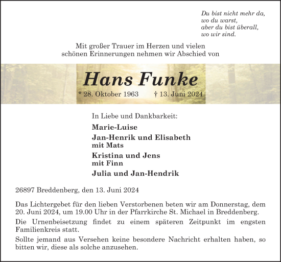 Traueranzeige von Hans Funke von Neue Osnabrücker Zeitung GmbH & Co. KG