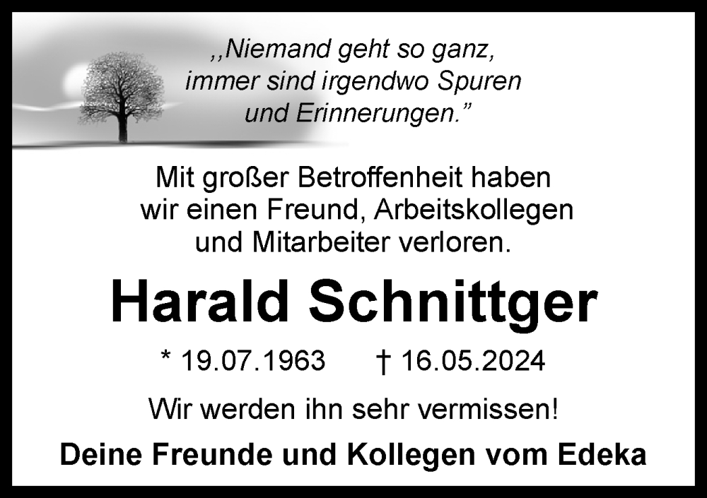  Traueranzeige für Harald Schnittger vom 29.06.2024 aus Neue Osnabrücker Zeitung GmbH & Co. KG