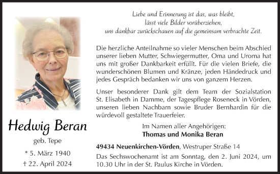 Traueranzeige von Hedwig Beran von Neue Osnabrücker Zeitung GmbH & Co. KG