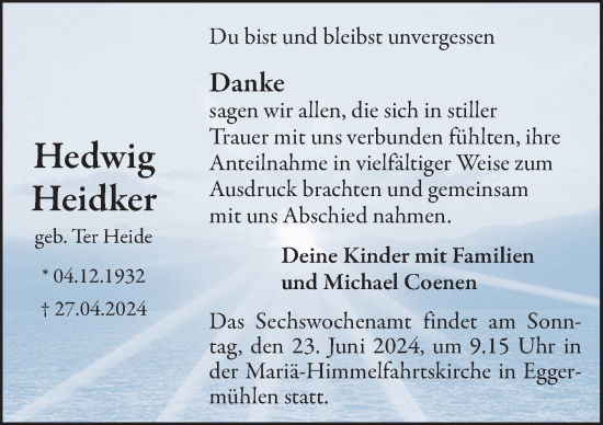 Traueranzeige von Hedwig Heidker von Neue Osnabrücker Zeitung GmbH & Co. KG