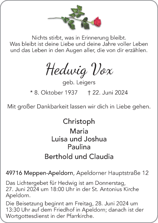 Traueranzeige von Hedwig Vox von Neue Osnabrücker Zeitung GmbH & Co. KG