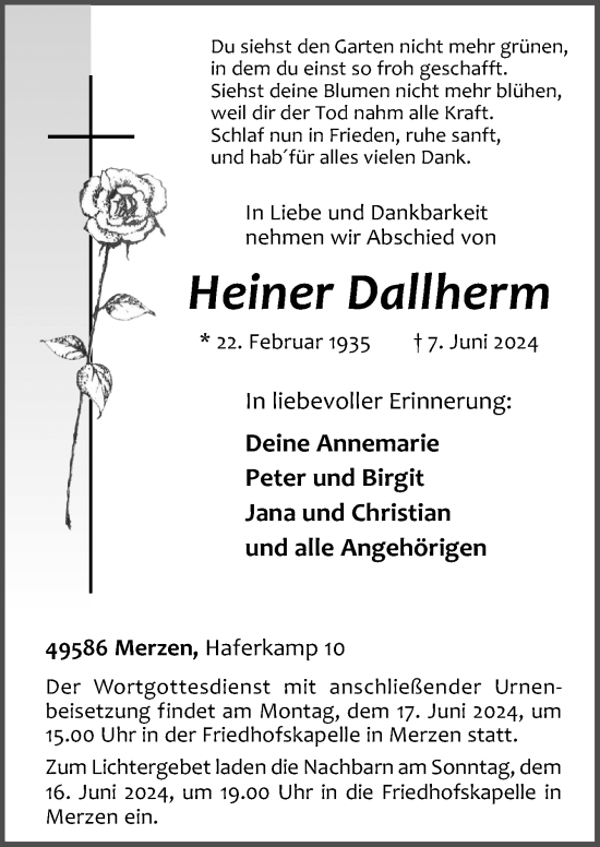 Traueranzeige von Heiner Dallherm von Neue Osnabrücker Zeitung GmbH & Co. KG