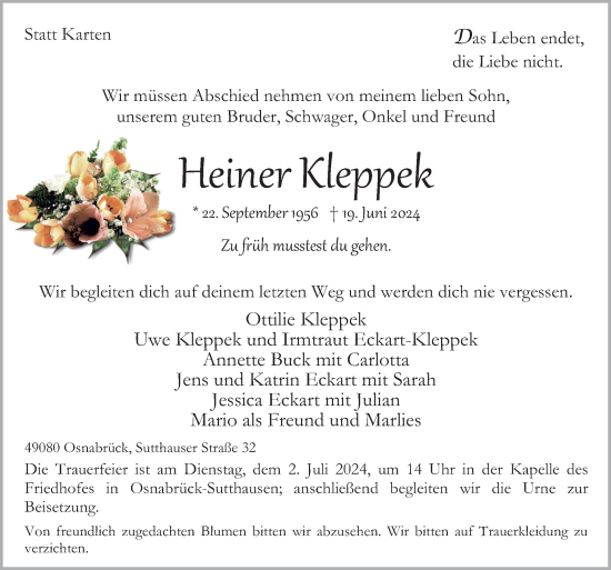 Traueranzeige von Heiner Kleppek von Neue Osnabrücker Zeitung GmbH & Co. KG