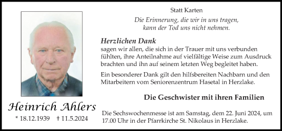 Traueranzeige von Heinrich Ahlers von Neue Osnabrücker Zeitung GmbH & Co. KG