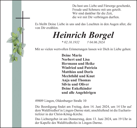 Traueranzeige von Heinrich Borgel von Neue Osnabrücker Zeitung GmbH & Co. KG