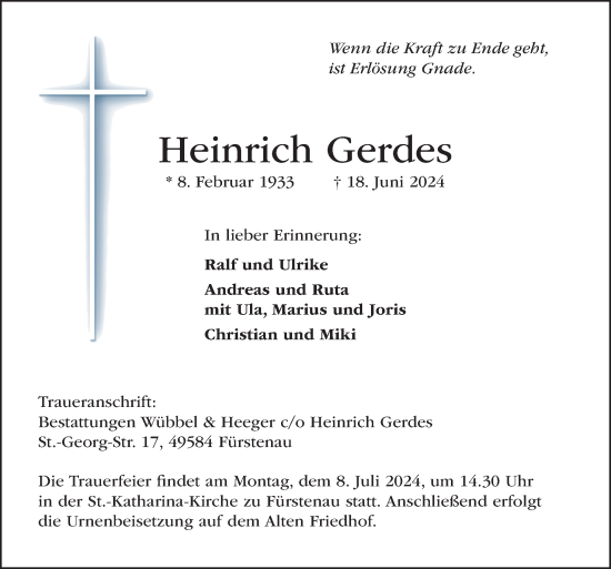 Traueranzeige von Heinrich Gerdes von Neue Osnabrücker Zeitung GmbH & Co. KG
