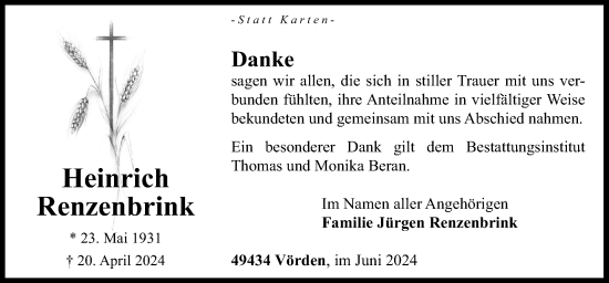 Traueranzeige von Heinrich Renzenbrink von Neue Osnabrücker Zeitung GmbH & Co. KG