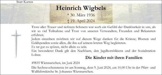 Traueranzeige von Heinrich Wigbels von Neue Osnabrücker Zeitung GmbH & Co. KG