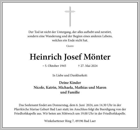 Traueranzeige von Heinrich Josef Mönter von Neue Osnabrücker Zeitung GmbH & Co. KG