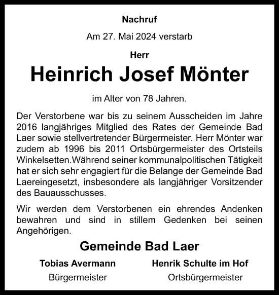 Traueranzeige von Heinrich Josef Mönter von Neue Osnabrücker Zeitung GmbH & Co. KG