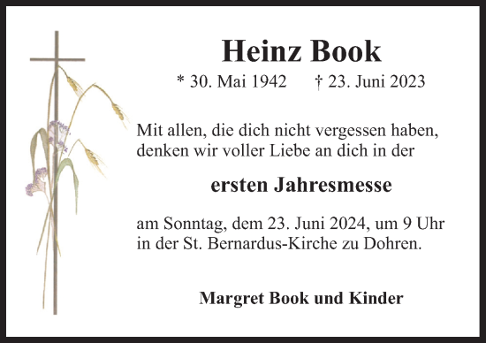 Traueranzeige von Heinz Book von Neue Osnabrücker Zeitung GmbH & Co. KG