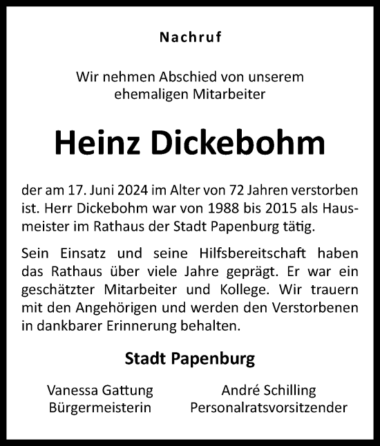 Traueranzeige von Heinz Dickebohm von Neue Osnabrücker Zeitung GmbH & Co. KG