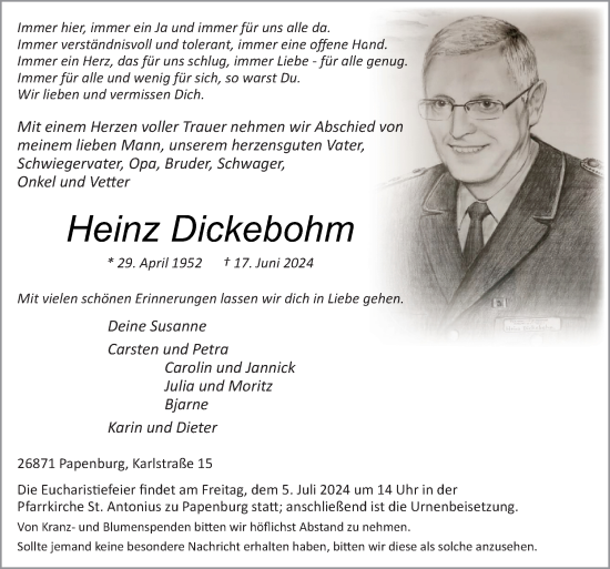 Traueranzeige von Heinz Dickebohm von Neue Osnabrücker Zeitung GmbH & Co. KG