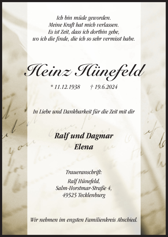 Traueranzeige von Heinz Hünefeld von Neue Osnabrücker Zeitung GmbH & Co. KG