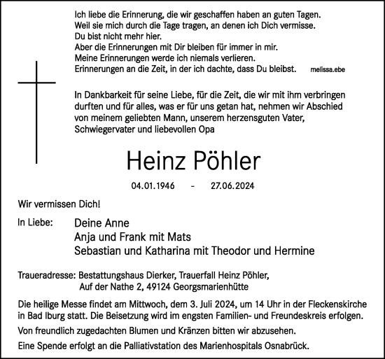 Traueranzeige von Heinz Pöhler von Neue Osnabrücker Zeitung GmbH & Co. KG