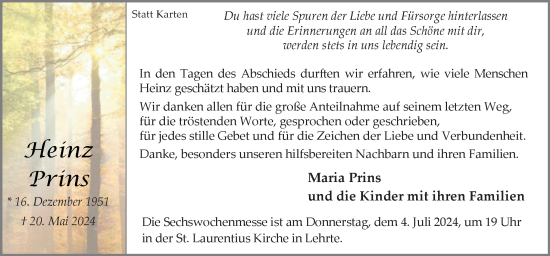 Traueranzeige von Heinz Prins von Neue Osnabrücker Zeitung GmbH & Co. KG