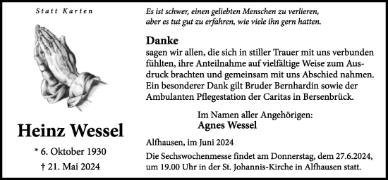 Traueranzeige von Heinz Wessel von Neue Osnabrücker Zeitung GmbH & Co. KG