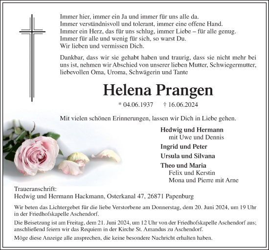 Traueranzeige von Helena Prangen von Neue Osnabrücker Zeitung GmbH & Co. KG