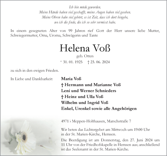 Traueranzeige von Helena Voß von Neue Osnabrücker Zeitung GmbH & Co. KG