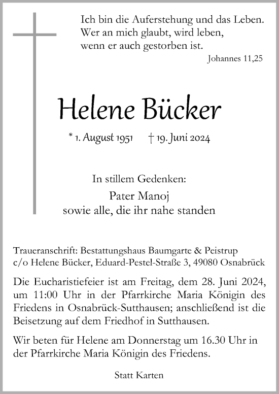 Traueranzeige von Helene Bücker von Neue Osnabrücker Zeitung GmbH & Co. KG