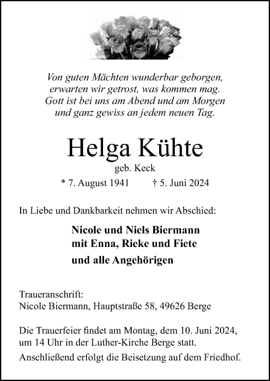 Traueranzeige von Helga Kühte von Neue Osnabrücker Zeitung GmbH & Co. KG