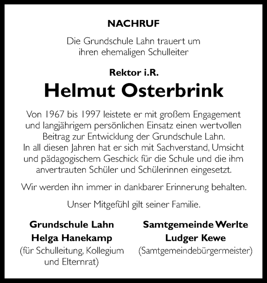 Traueranzeige von Helmut Osterbrink von Neue Osnabrücker Zeitung GmbH & Co. KG