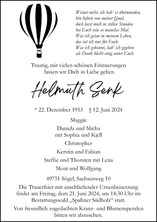 Traueranzeige von Helmuth Senk von Neue Osnabrücker Zeitung GmbH & Co. KG
