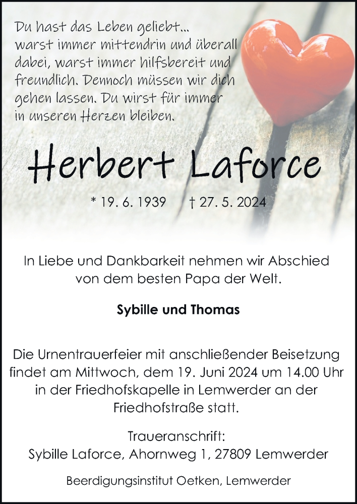  Traueranzeige für Herbert Laforce vom 08.06.2024 aus DK Medien GmbH & Co. KG