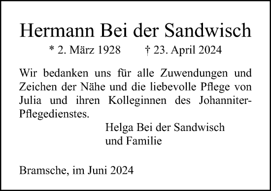 Traueranzeige von Hermann Bei der Sandwisch von Neue Osnabrücker Zeitung GmbH & Co. KG