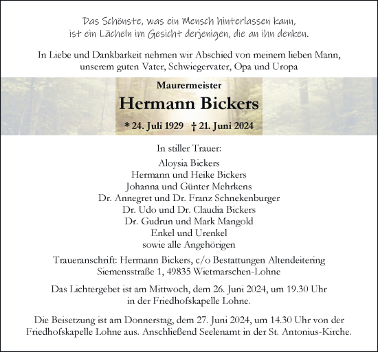 Traueranzeige von Hermann Bickers von Neue Osnabrücker Zeitung GmbH & Co. KG