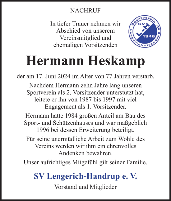 Traueranzeige von Hermann Heskamp von Neue Osnabrücker Zeitung GmbH & Co. KG