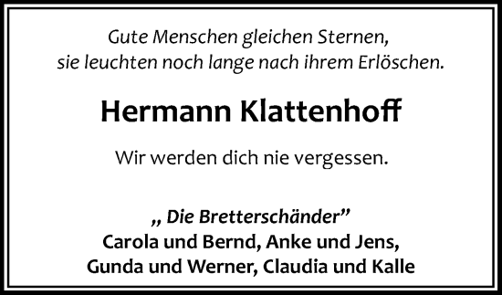 Traueranzeige von Hermann Klattenhoff von DK Medien GmbH & Co. KG