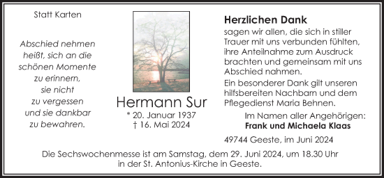 Traueranzeige von Hermann Sur von Neue Osnabrücker Zeitung GmbH & Co. KG