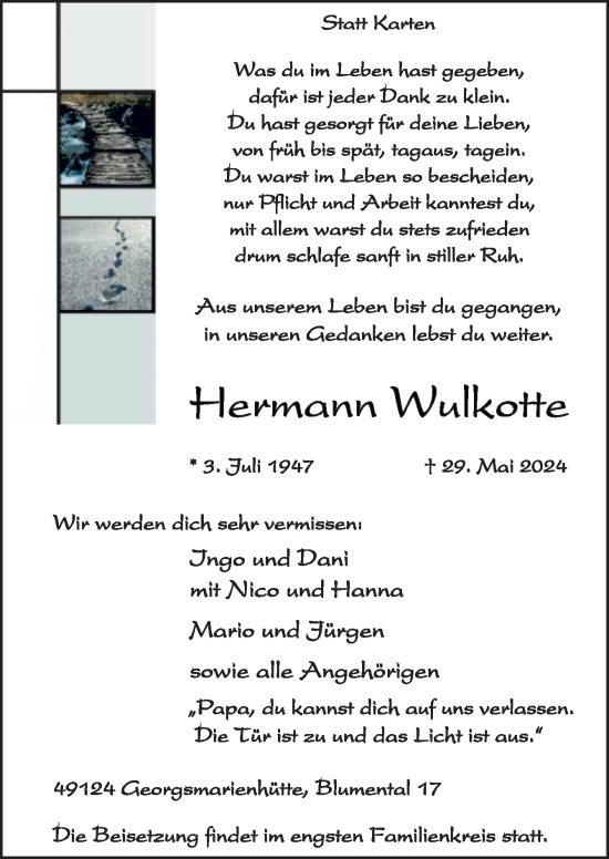 Traueranzeige von Hermann Wulkotte von Neue Osnabrücker Zeitung GmbH & Co. KG