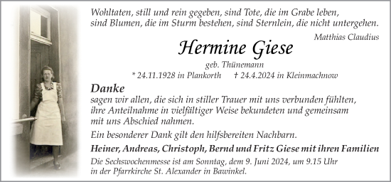 Traueranzeige von Hermine Giese von Neue Osnabrücker Zeitung GmbH & Co. KG