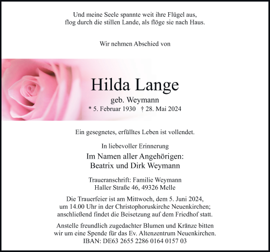 Traueranzeige von Hilda Lange von Neue Osnabrücker Zeitung GmbH & Co. KG